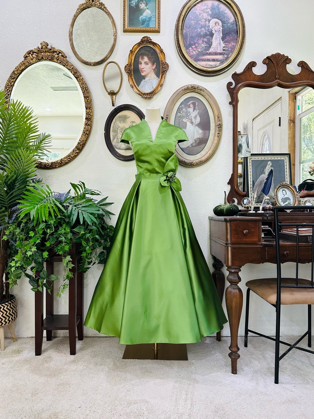 Green Satin Vintage-Inspired Fit & Flare Wedding Dress with Floral Waist
